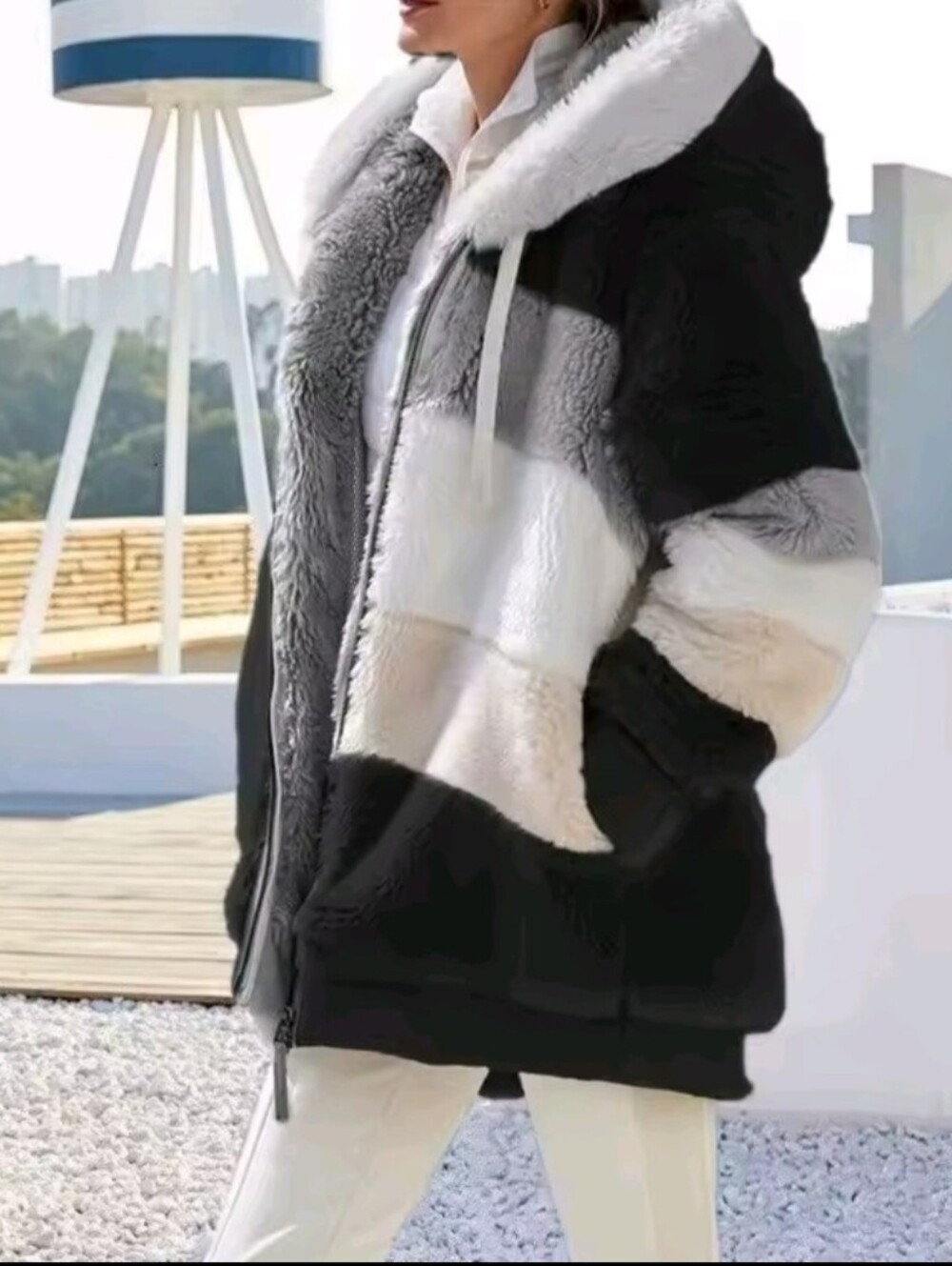 Women's Oversized Warm Winter Plush Jacket With Pockets And Hoodie